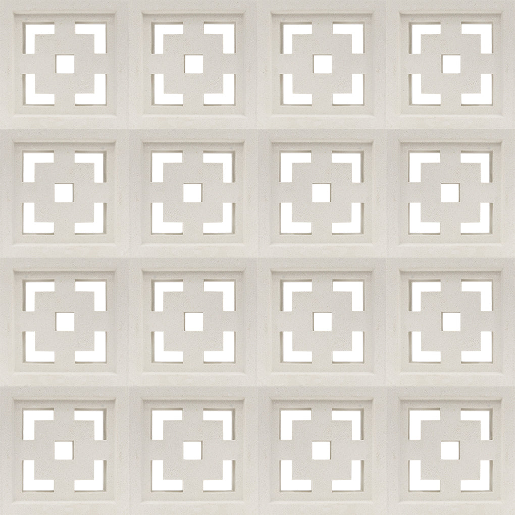 The Tong block by New York Cement Tile features a geometric square pattern with symmetrical cut-out designs in white concrete.
