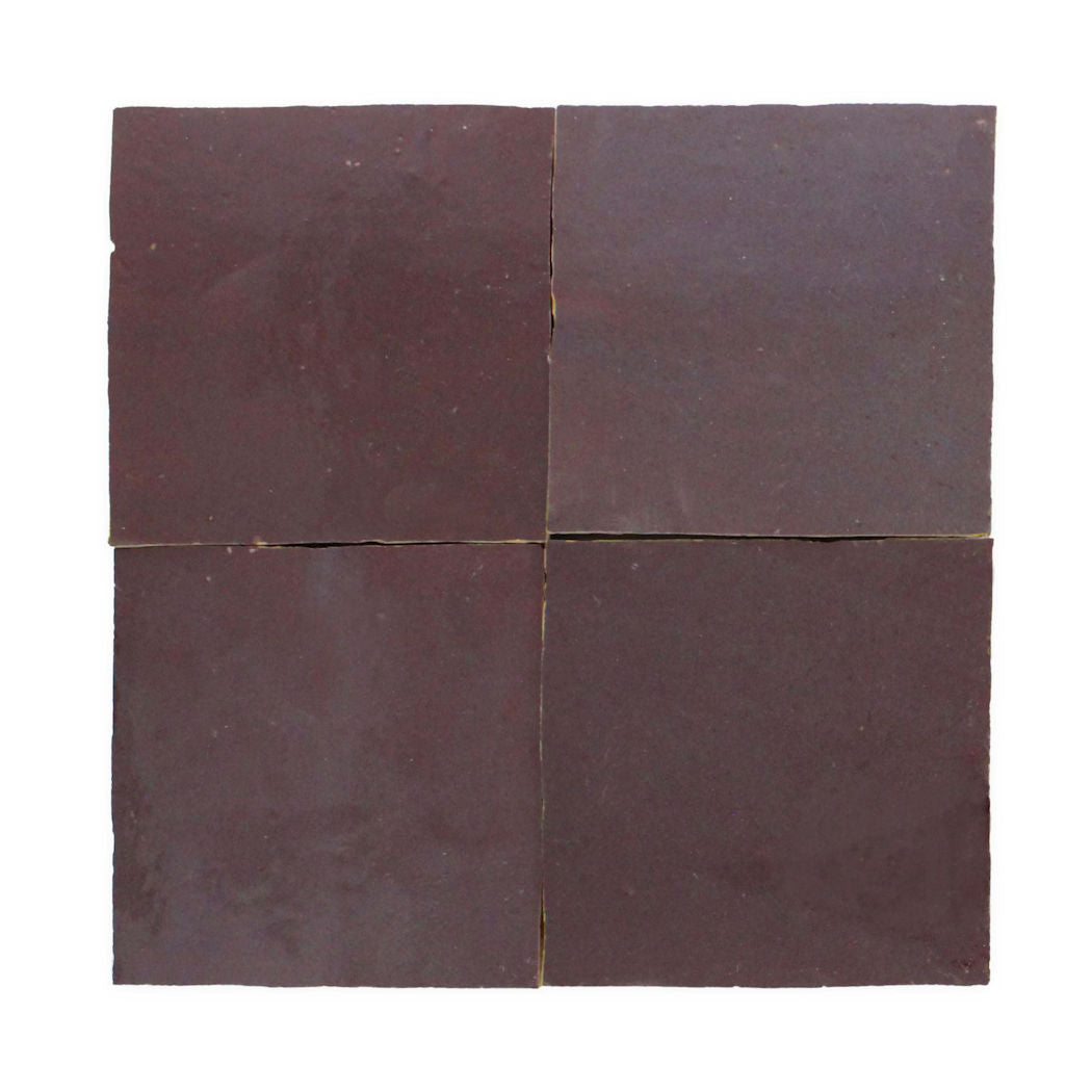 Four Deep Plum Zellige tiles by New York Cement Tile in a 2x2 grid on a white background. Extra Sample shown.