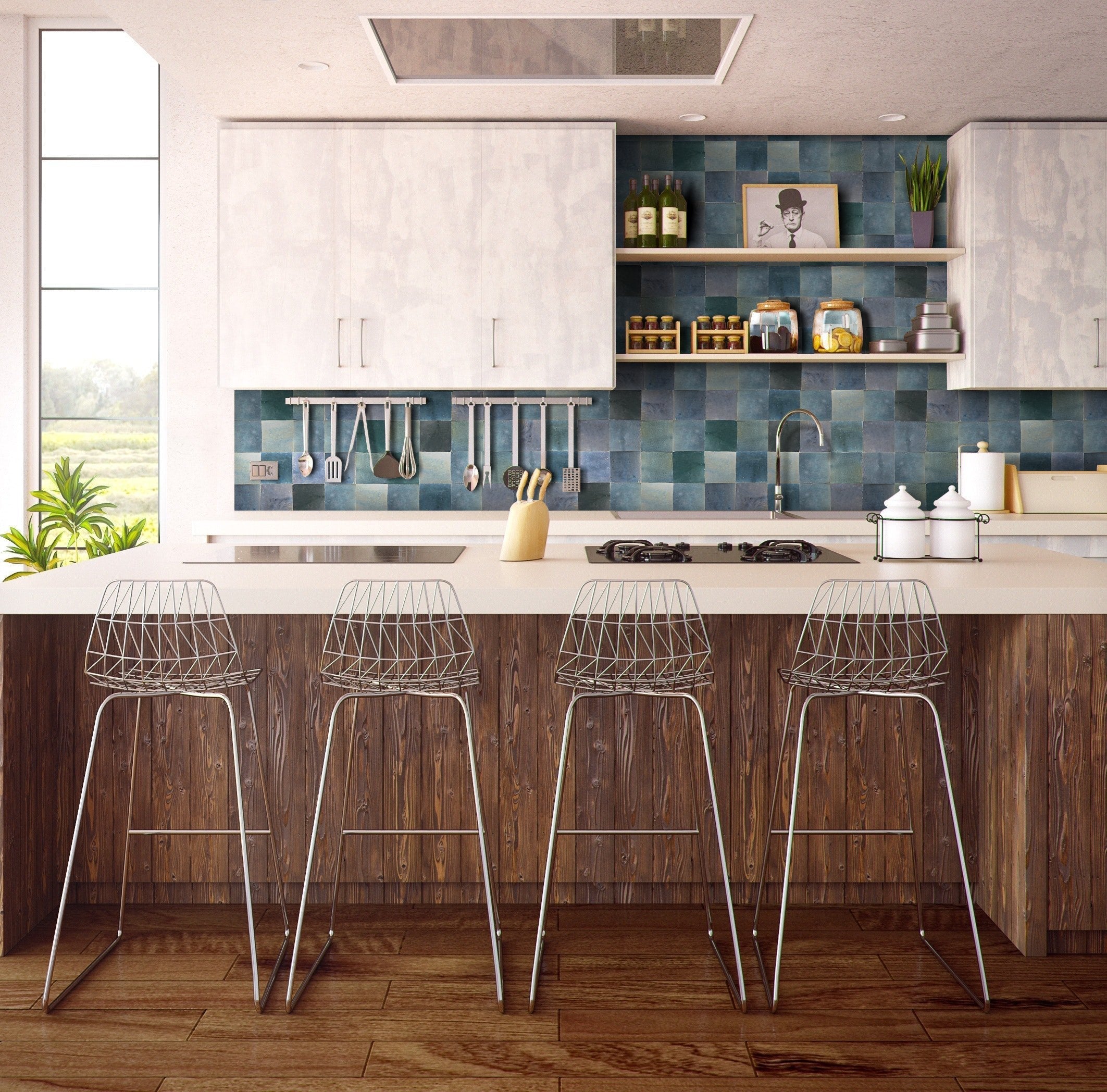 Modern kitchen with wooden island, wire stools, sleek white cabinets, and Deep Teal 2X2 tile by New York Cement Tile.