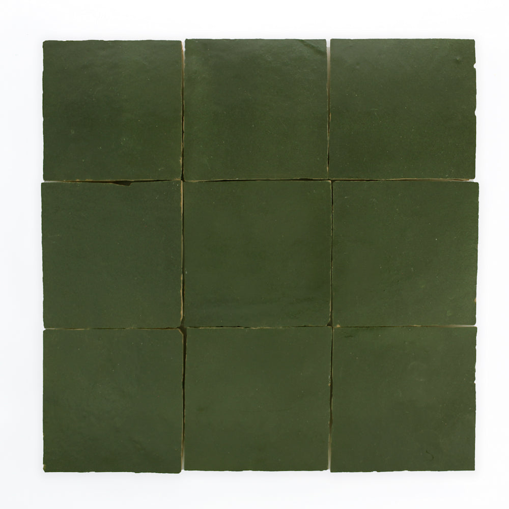 Nine Moss Green zellige tiles by New York Cement Tile, arranged 3x3 on a white background.