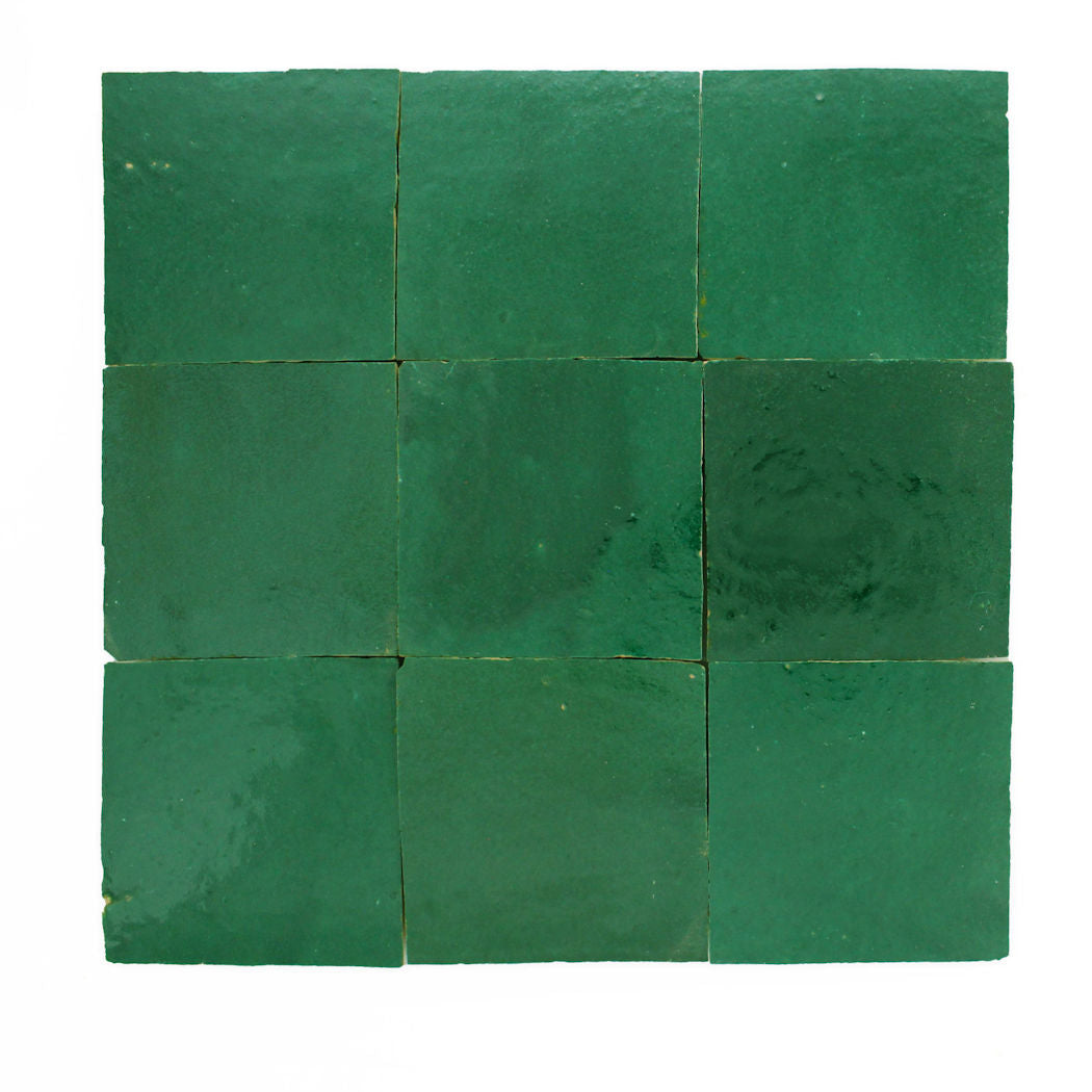 Nine Jewel Green Zellige tiles by New York Cement Tile in a 3x3 grid on a white background.