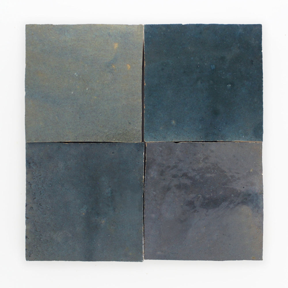 Deep Teal 2X2 Extra Sample by New York Cement Tile: four handcrafted clay tiles in blue, arranged 2x2 on white.