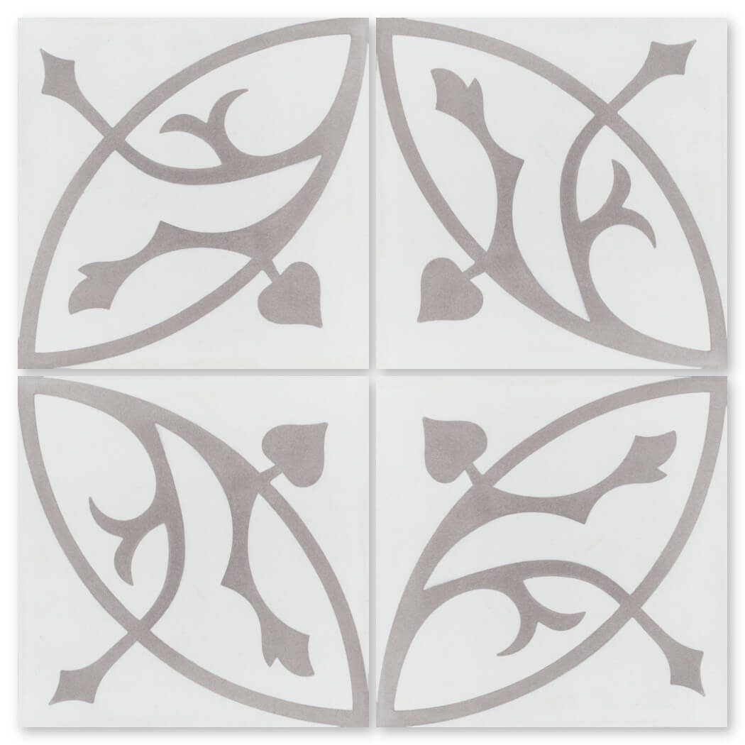 New York Cement Tile's N20-019 Extra Sample: 4 handcrafted gray cement tiles with a symmetrical abstract floral circle.