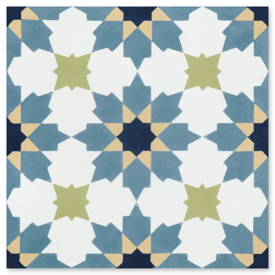 N20-028 Navy Blue, Extra Sample by New York Cement Tile: star pattern in blue, green, navy & tan with handcrafted detail.