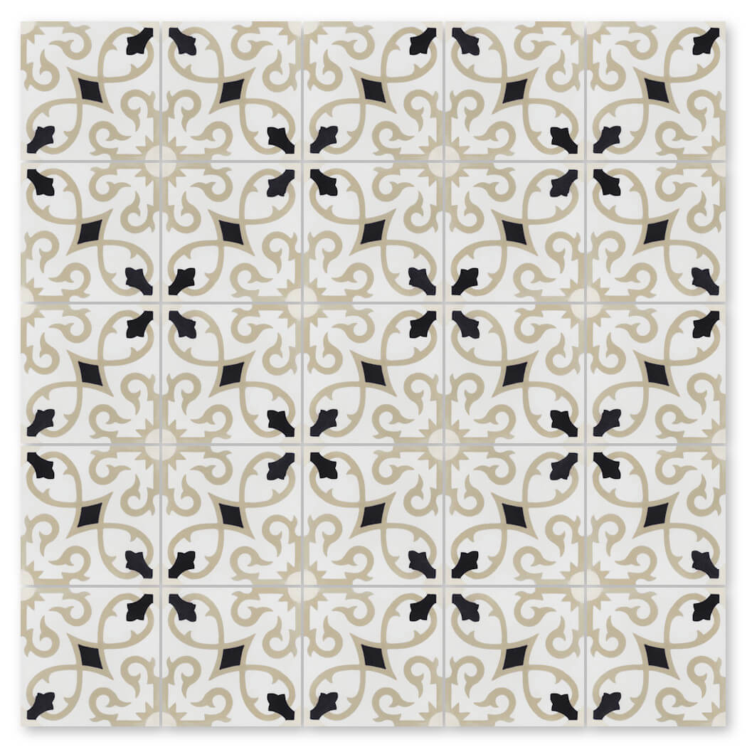 Charlotte Primero by New York Cement Tile offers beige, black & cream geometric tiles for a handcrafted, symmetrical design.