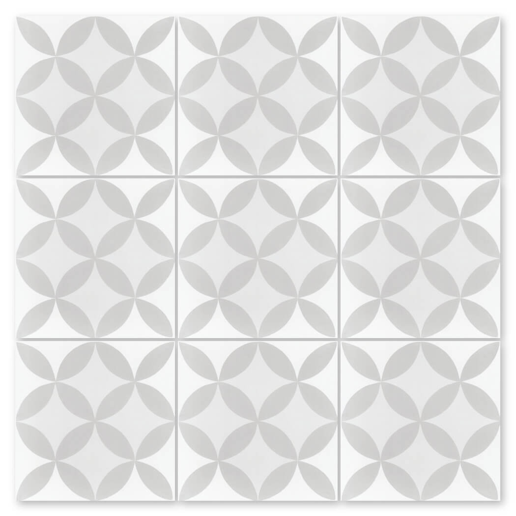 Nine N20-062 2245/6 tiles by New York Cement Tile, handcrafted white cement with a repeating light gray pattern.