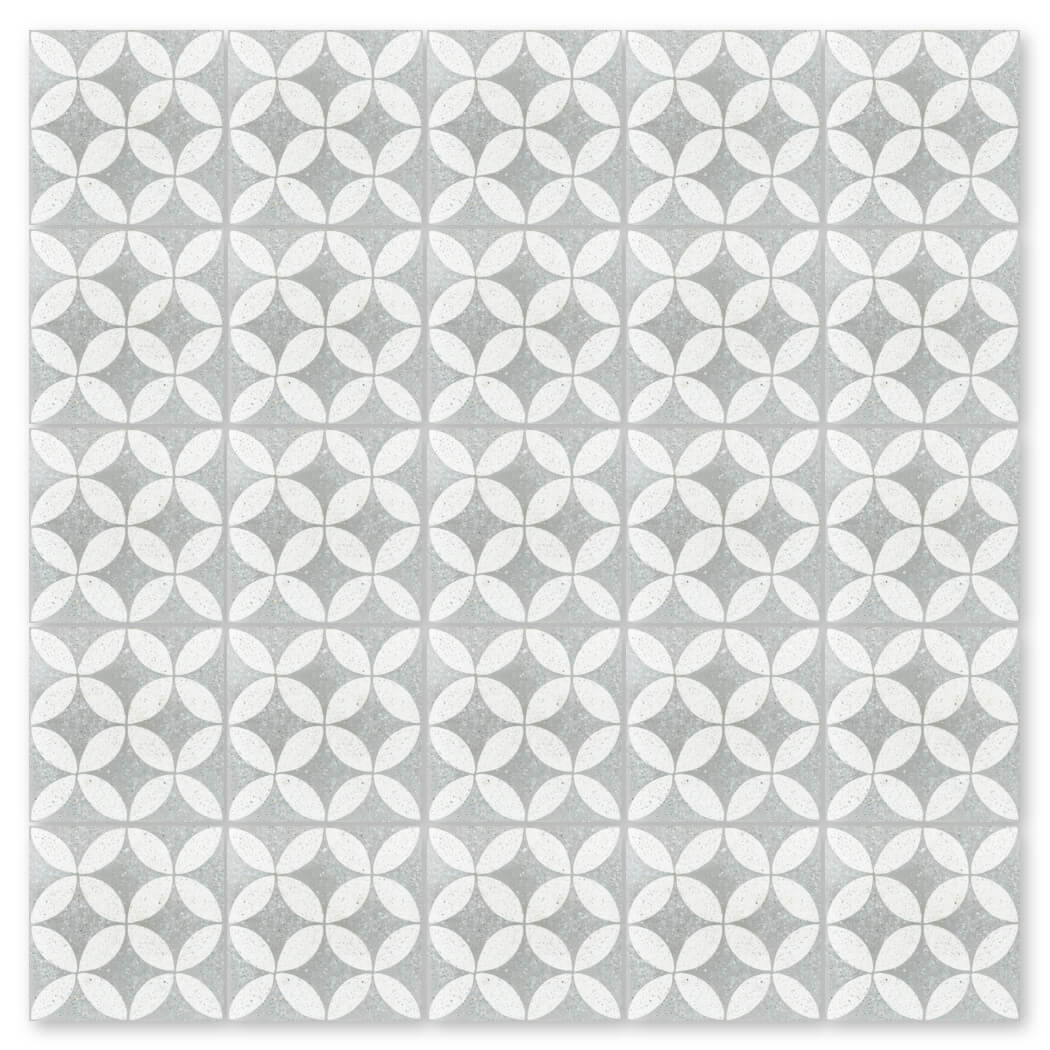 NT20-061 2219 by New York Cement Tile: white four-petal geometric mosaic pattern on light gray, arranged in a grid.
