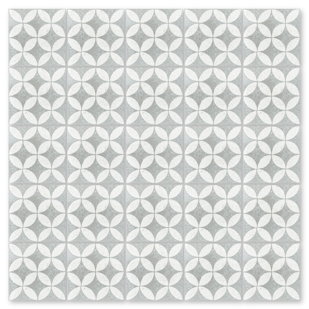 Terrazzo 8x8-Circulos B Urban Gray by New York Cement Tile: gray & white geometric floral mosaic design in a grid pattern.