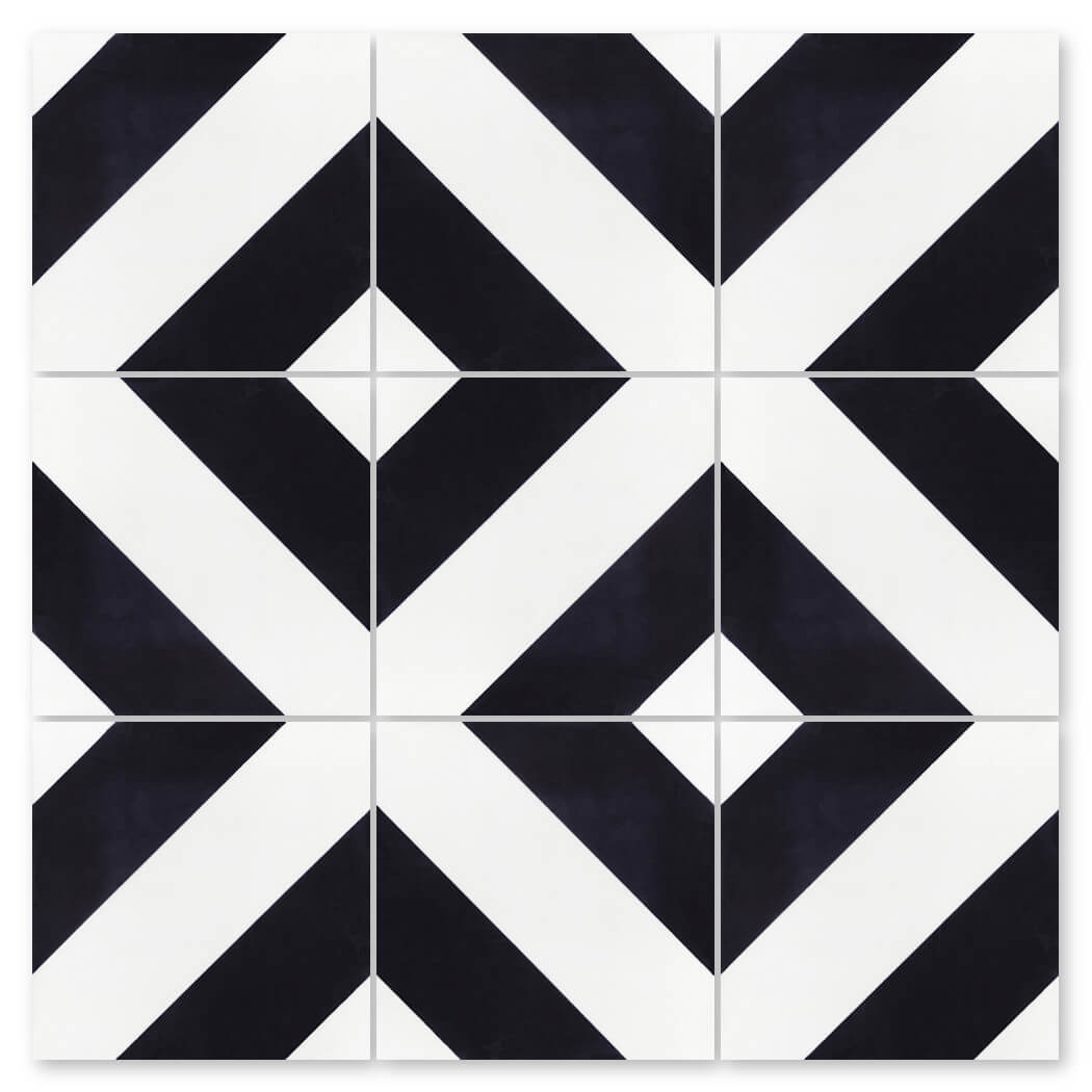 Nine N20-232 B&W tiles by New York Cement Tile feature bold black lines creating a striking diamond pattern.