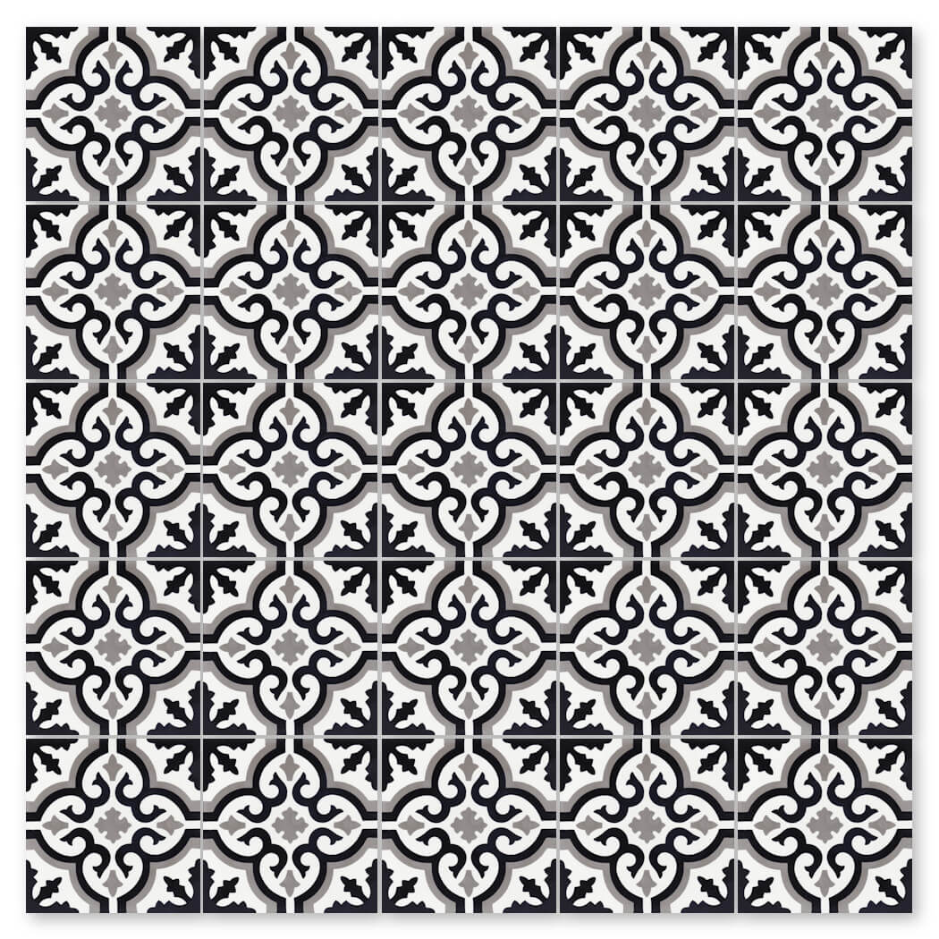 The N20-200 BW&G Sample by New York Cement Tile features black and white geometric, floral, and cross-like handcrafted designs.