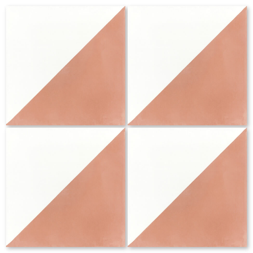 Four N20-139 Misty Coral & White tiles by New York Cement Tile, each split diagonally, arranged in a 2x2 grid.