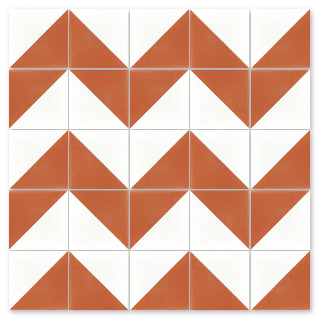 N20-139 Terracotta & White by New York Cement Tile features orange and white chevrons on handcrafted square tiles.