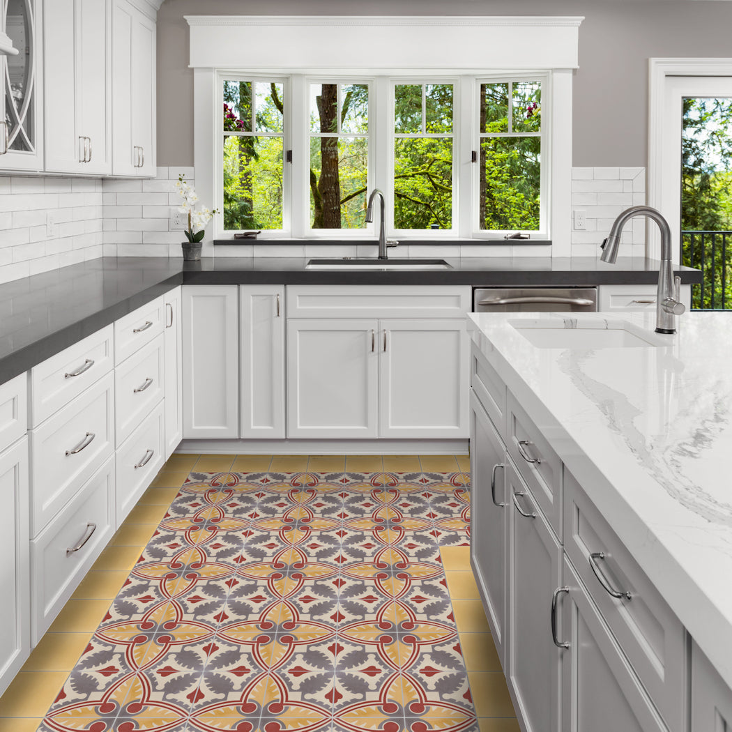 Modern white kitchen with large windows, New York Cement Tile 7710-Solid gray countertops, and a patterned rug.