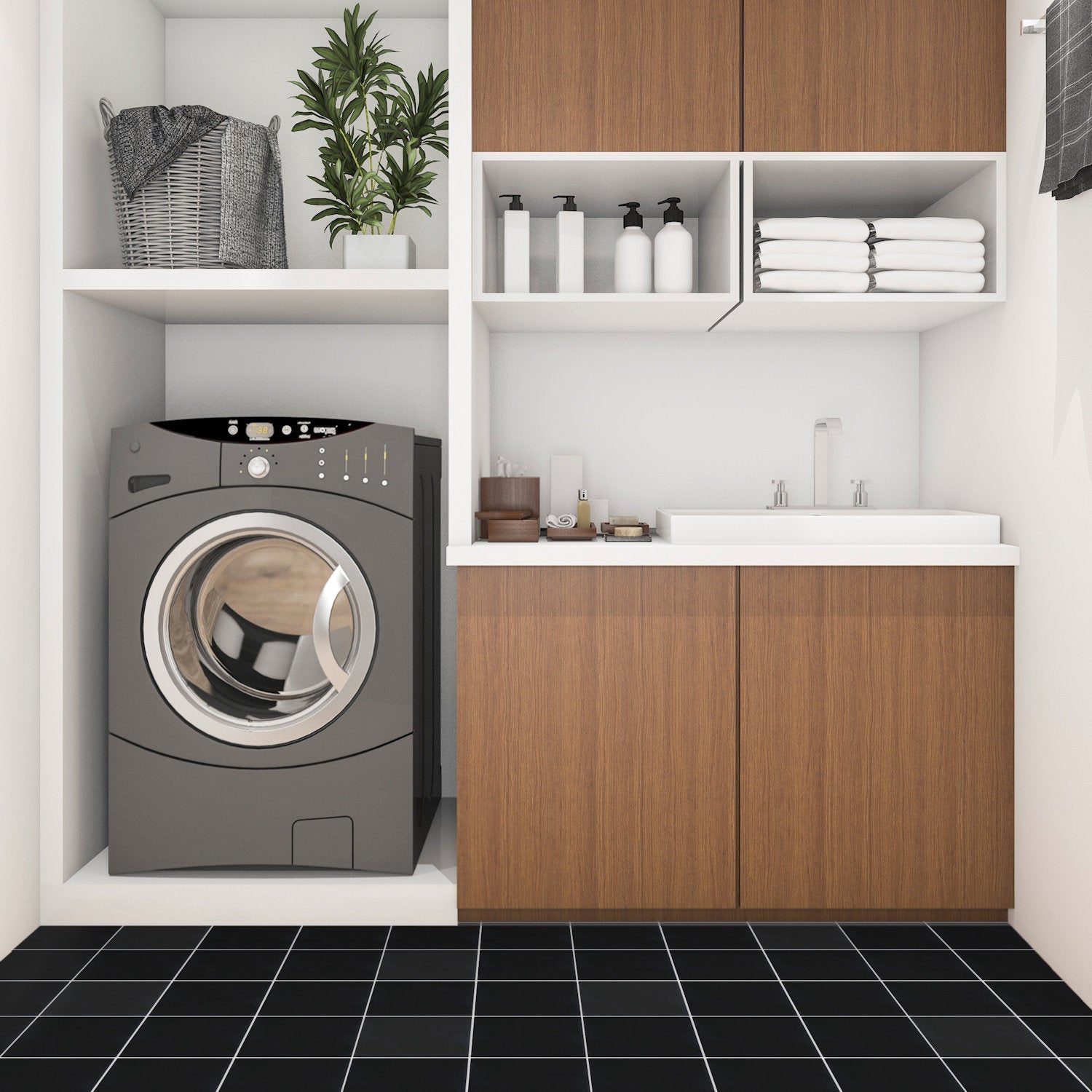 Modern laundry room with a washing machine, sink, wood cabinets, and New York Cement Tile 2200-Solid Black 4x4 accents.