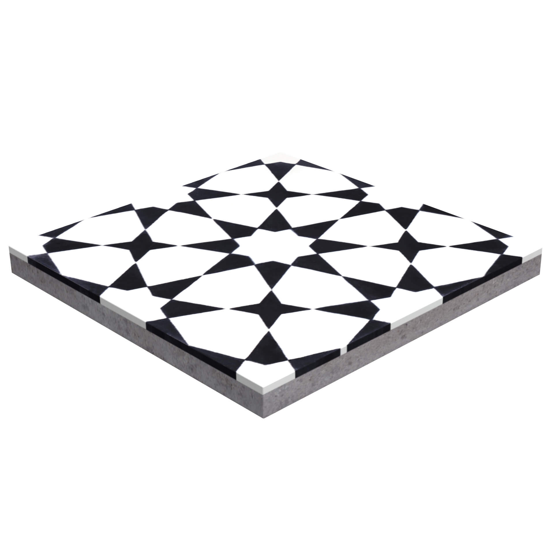 The N20-271 White & Black by New York Cement Tile is a square tile with a black star pattern, ideal for durable floors.