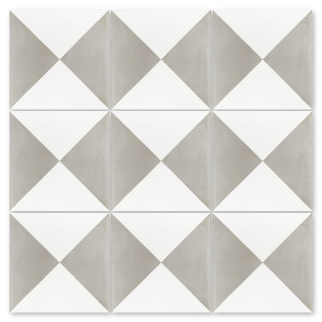 The N20-032 Grey & White tile by New York Cement Tile features a durable diamond pattern in white and gray triangles.