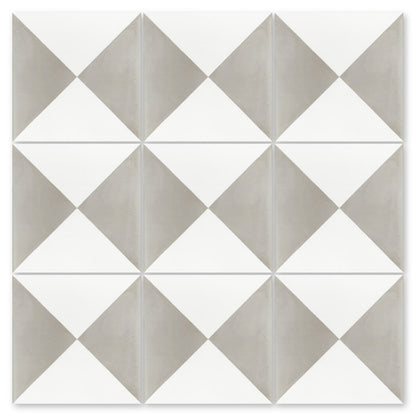 The N20-032 Grey & White tile by New York Cement Tile features a durable diamond pattern in white and gray triangles.