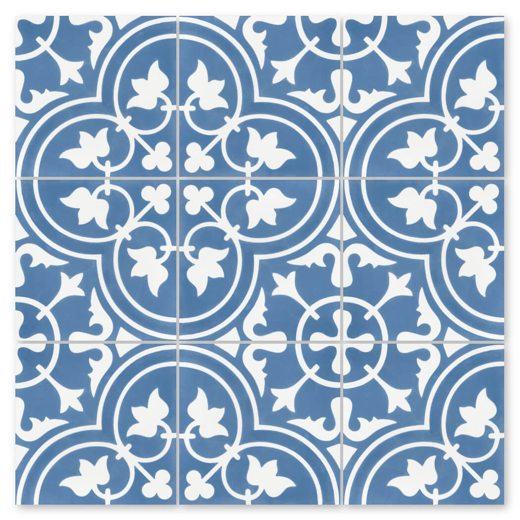 The N20-045 Royal Blue sample by New York Cement Tile features stylish blue-white floral geometric patterns for durable floors.