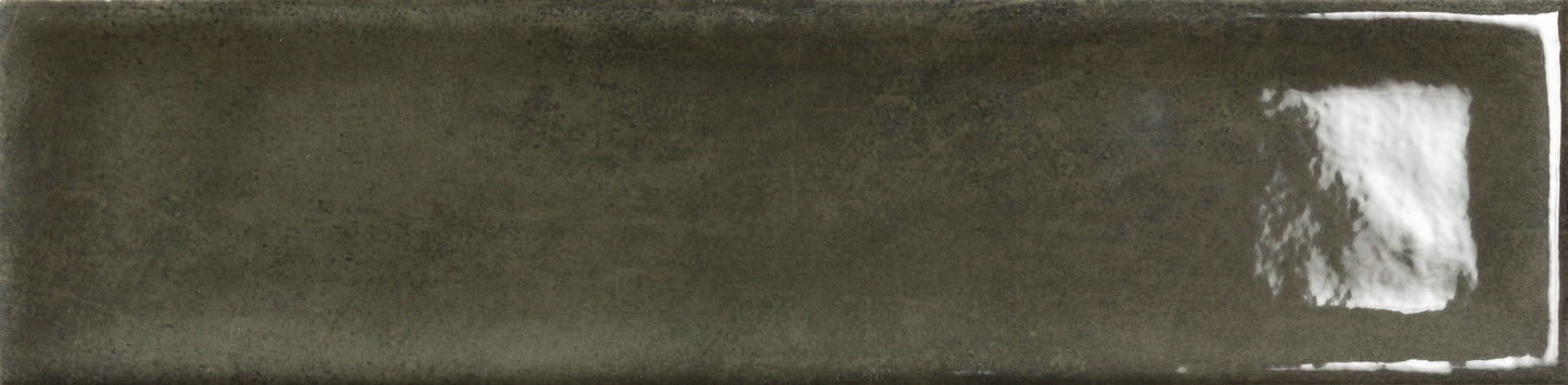 New York Cement Tile’s Olive - Raku - Sample: glossy dark olive green ceramic tile with a reflective right-side patch.