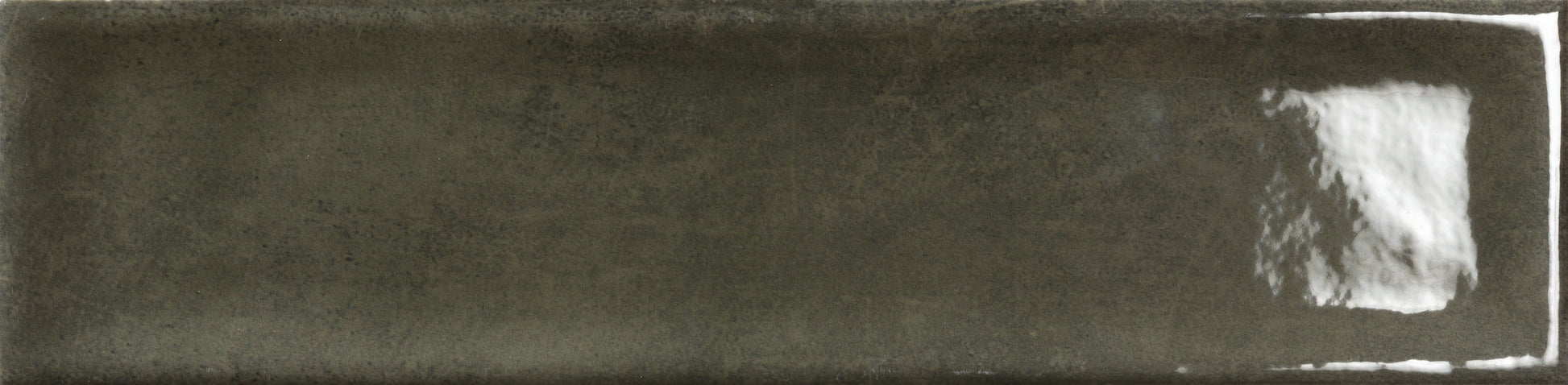 New York Cement Tile’s Olive - Raku - Sample: glossy dark olive green ceramic tile with a reflective right-side patch.