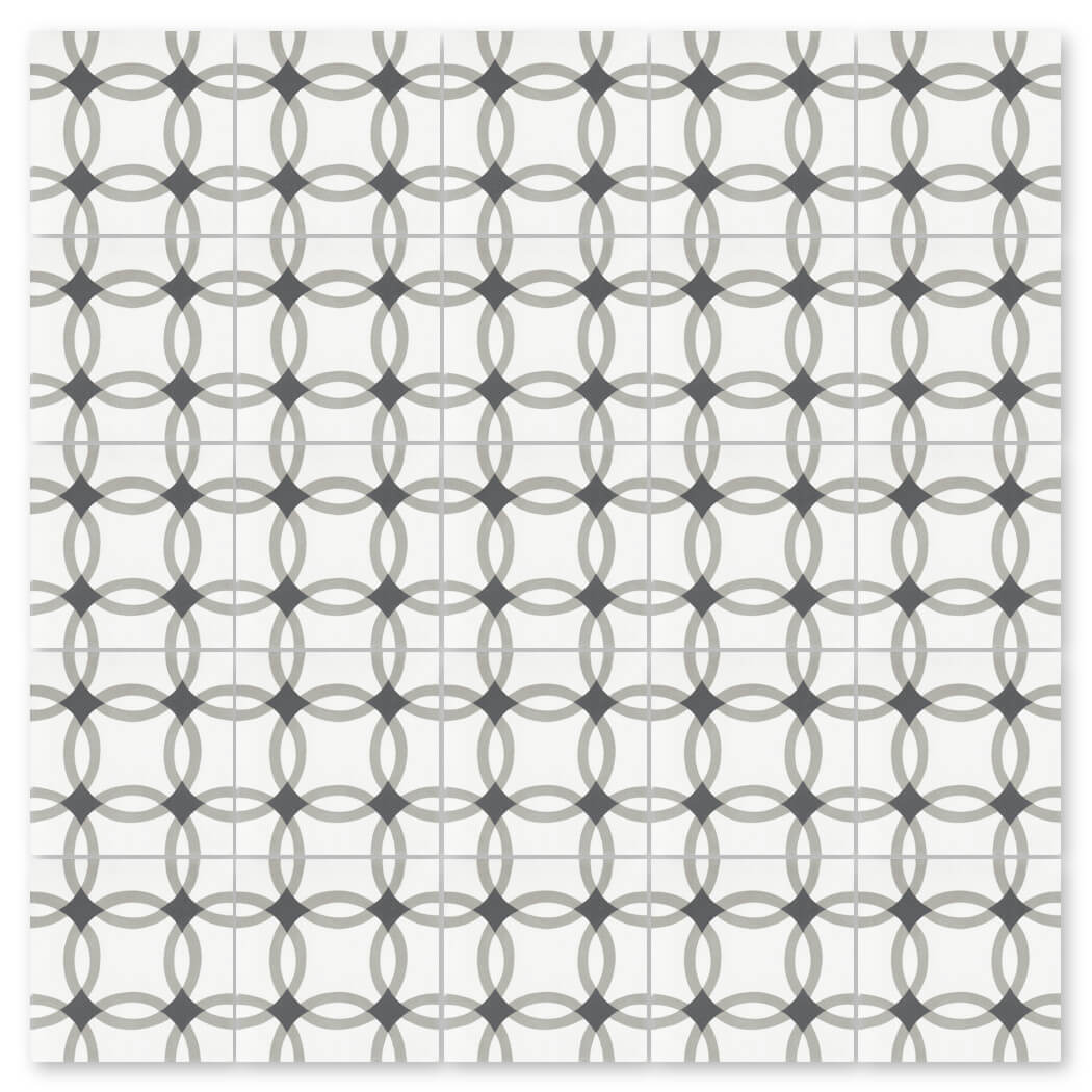 The N20-255 Extra Sample by New York Cement Tile features interlocking gray and black ovals on a white background.