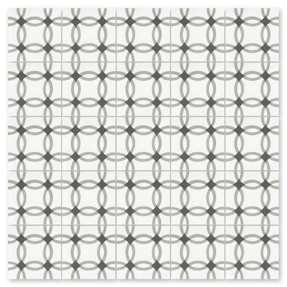 The N20-255 Extra Sample by New York Cement Tile features interlocking gray and black ovals on a white background.