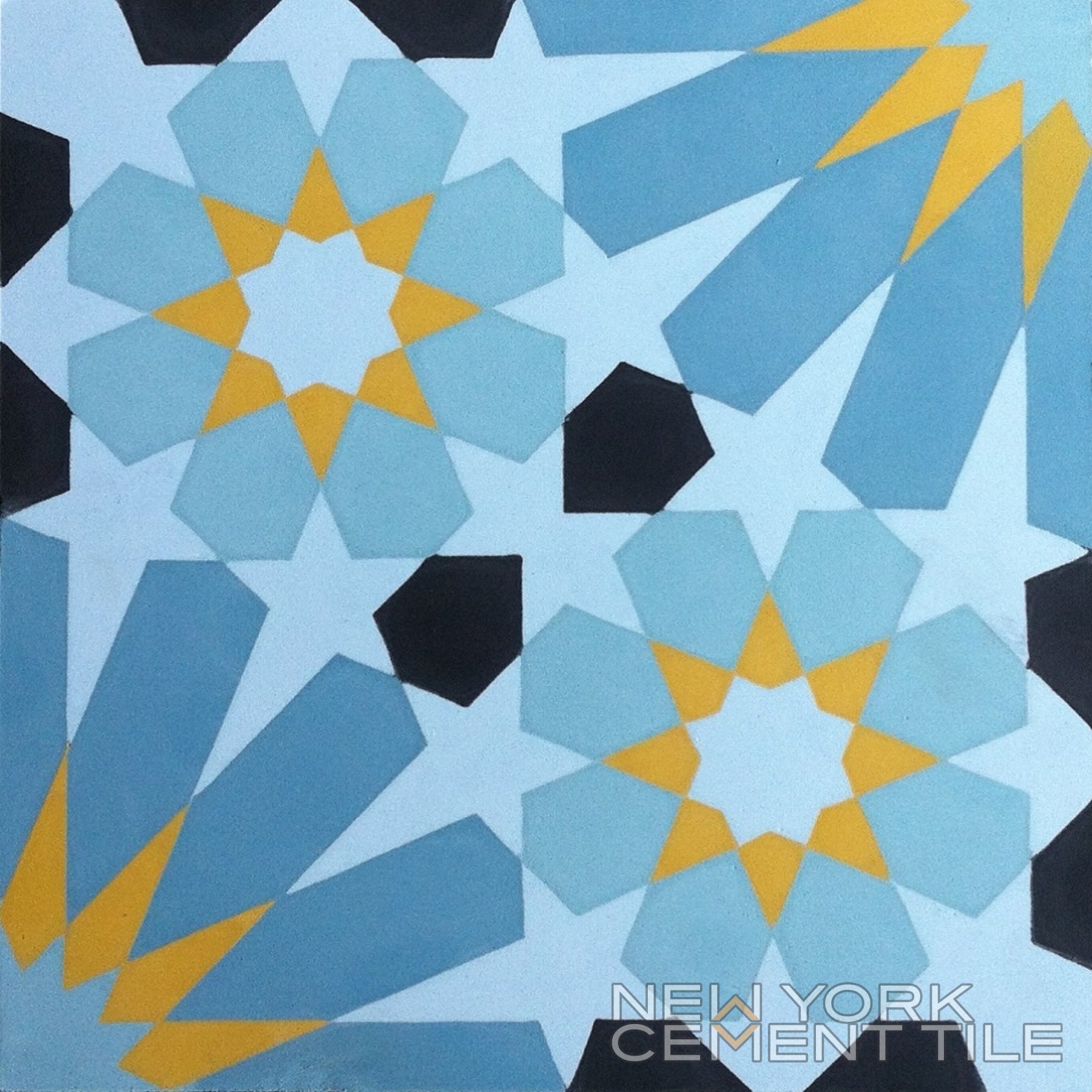 Blue and yellow geometric star tile with black, white accents, N20-029 Extra Sample by New York Cement Tile.