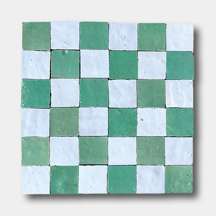 2X2 Checkerboard Zellige in Ivory Cloud and Green