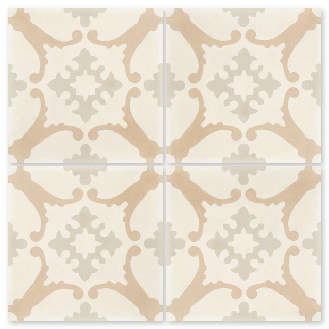 N20-148 Sand by New York Cement Tile features beige and gray geometric cement tiles on a white background for durable floors.
