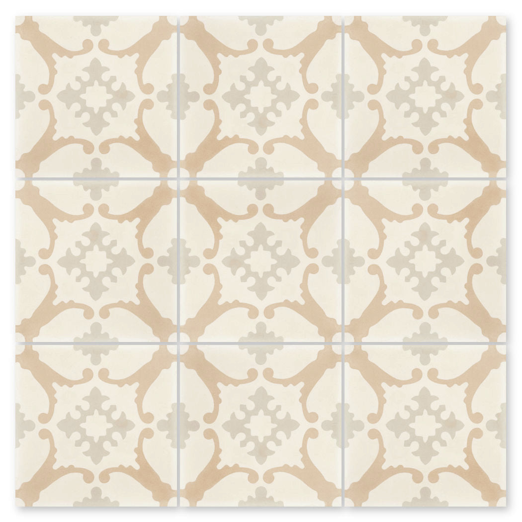 New York Cement Tile N20-148 Sand features beige and light gray geometric patterns on a subtle white cement tile background.