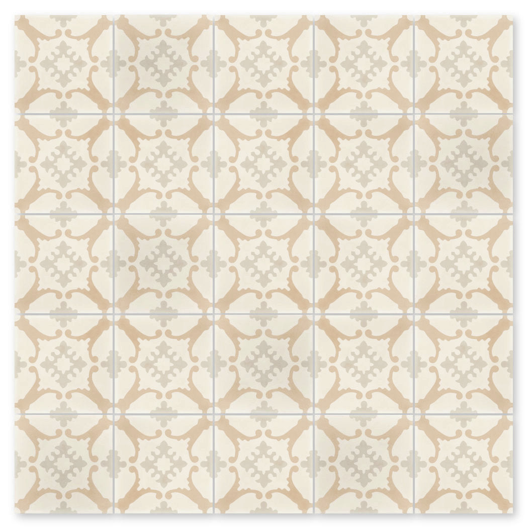 N20-148 Sand by New York Cement Tile: beige and cream grid cement tiles with a repeating ornate, vintage-style pattern.