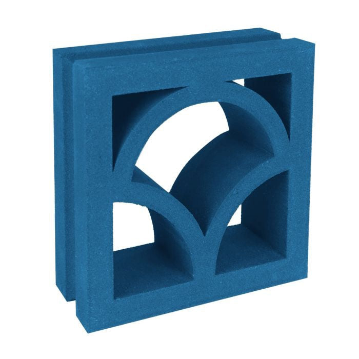Shelli by New York Cement Tile: a blue, square breeze block with arches and openings, ideal for mid-century modern decor.