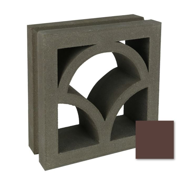 The Shelli breeze block by New York Cement Tile features an arched geometric cutout in dark brown, mid-century modern style.