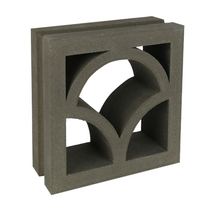 The Shelli by New York Cement Tile is a gray mid-century breeze block with three arched cutouts for a decorative look.