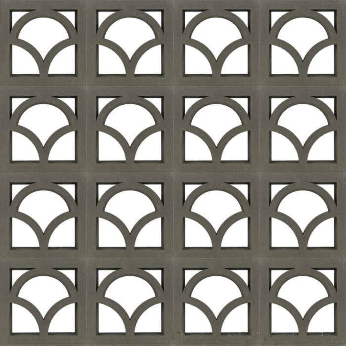 Shelli by New York Cement Tile features square breeze blocks with geometric cut-out arches for a repeating pattern.