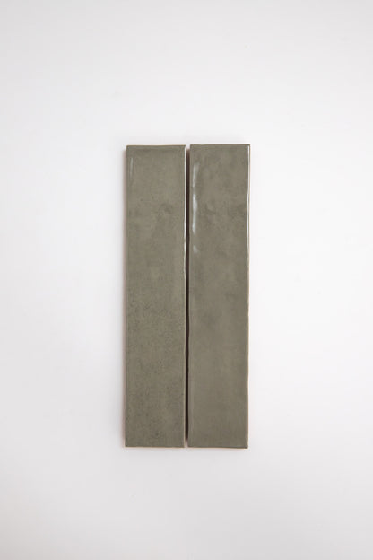 Two long, rectangular Skye Green tiles by Cottage Ivy placed vertically side by side on a plain white background.