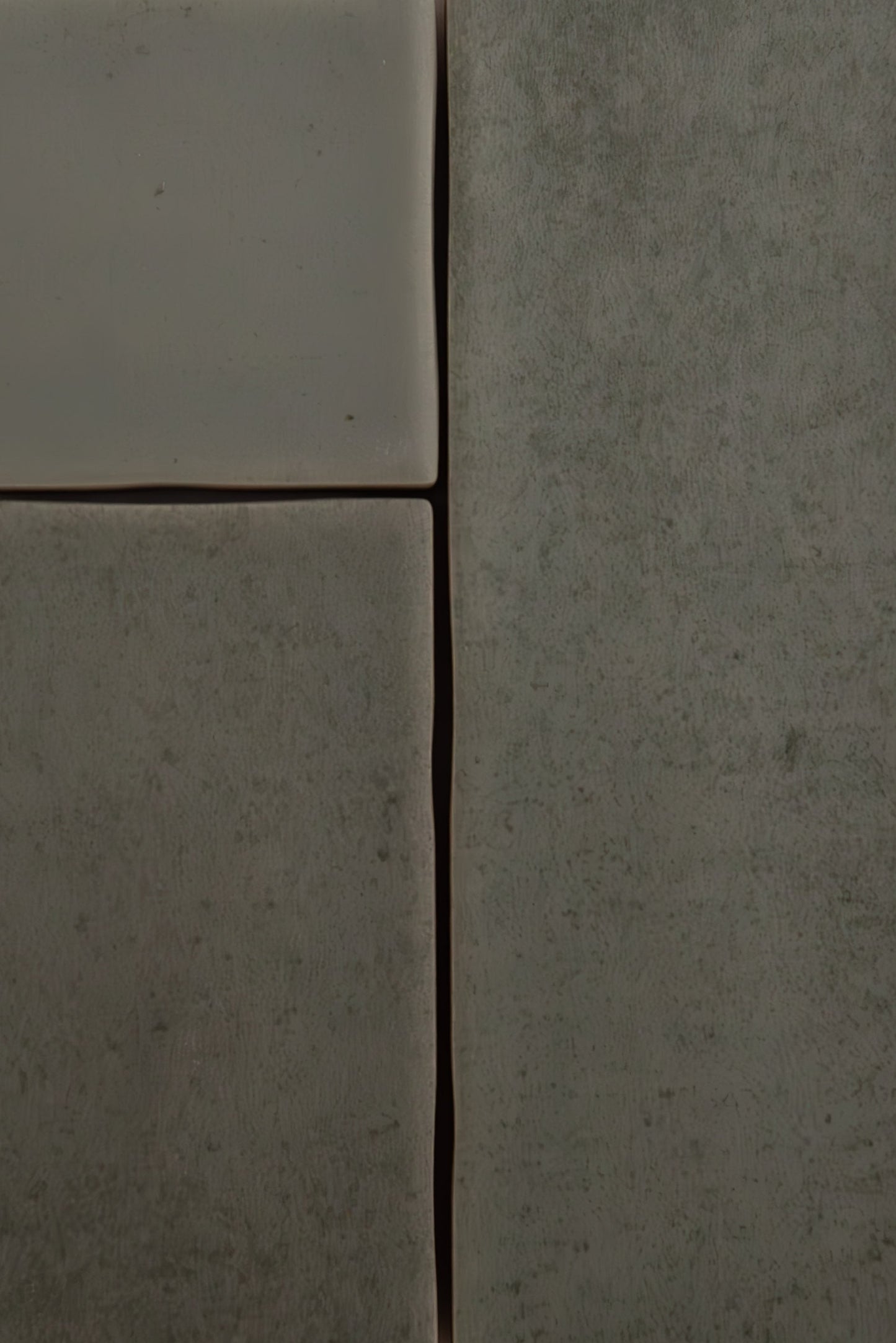 Close-up of four Skye Green tiles by Cottage Ivy, with matte finish, uneven edges, and narrow grout lines.
