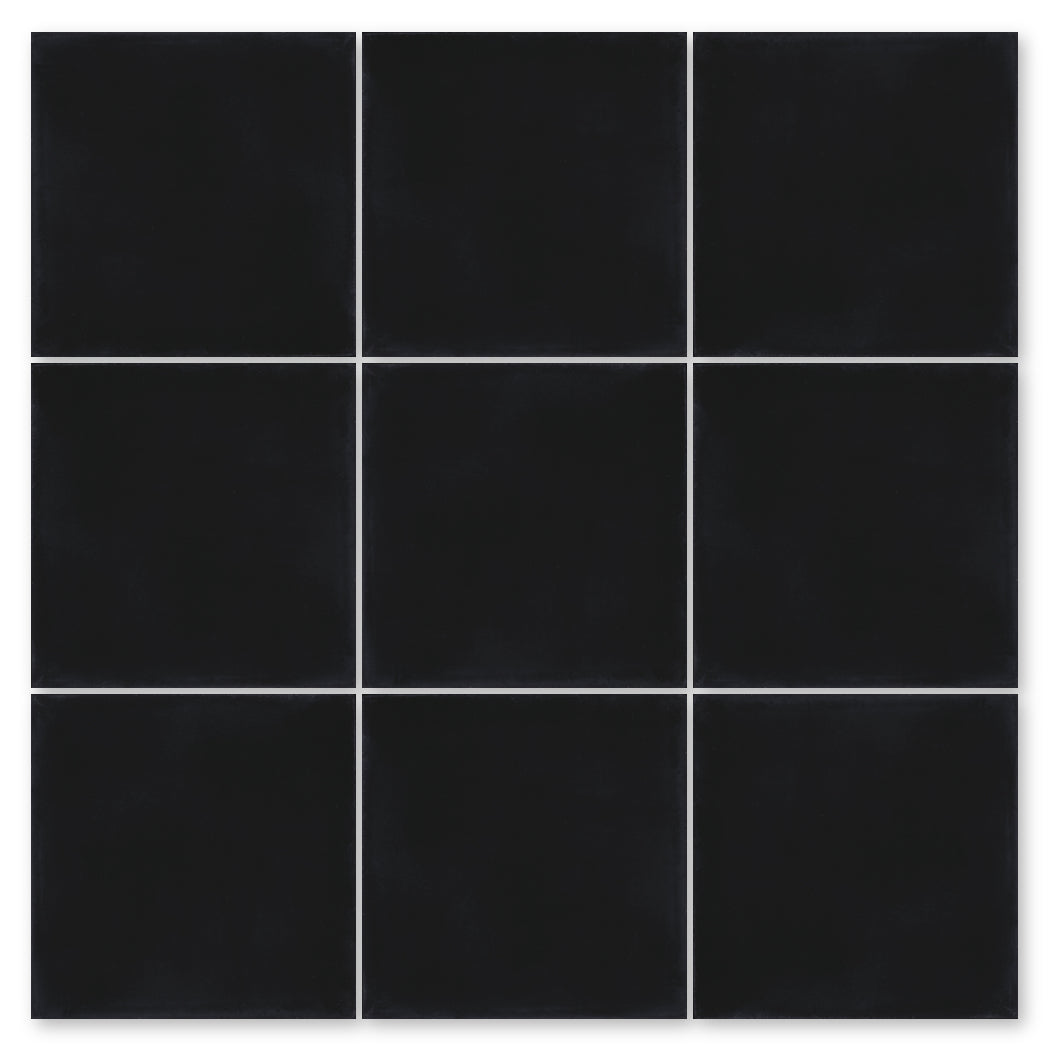 A 3x3 grid of New York Cement Tile's 2200-Solid Black 4x4 samples displayed on a white background.