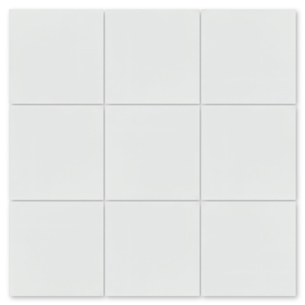 Nine 8x8 "1100- Solid White" tiles by New York Cement Tile are arranged in a 3x3 grid on a white background.