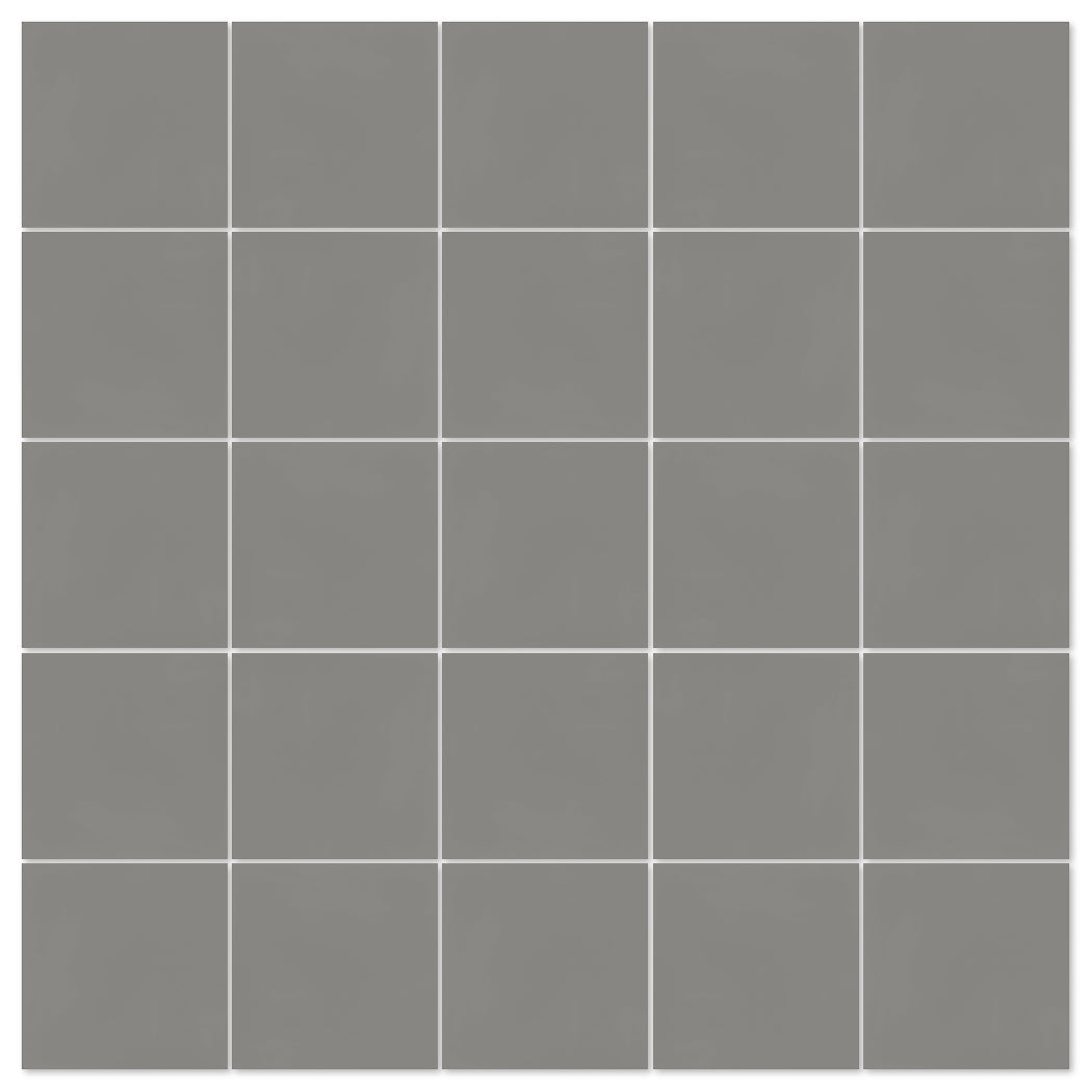 A 5x5 grid of New York Cement Tile 2202-Solid 8x8 samples in plain gray, handcrafted on a white background.