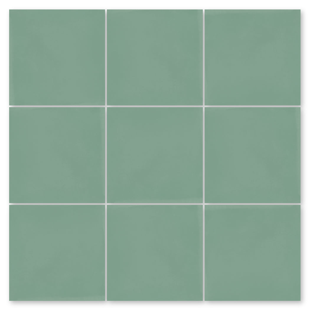 Nine green 8x8 "3327-Solid" tiles by New York Cement Tile, set in a 3x3 grid with thin white grout lines.