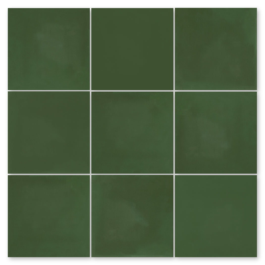 Nine 4x4 dark green 3314-Solid tiles by New York Cement Tile in a 3x3 grid, each with subtle shade variations.