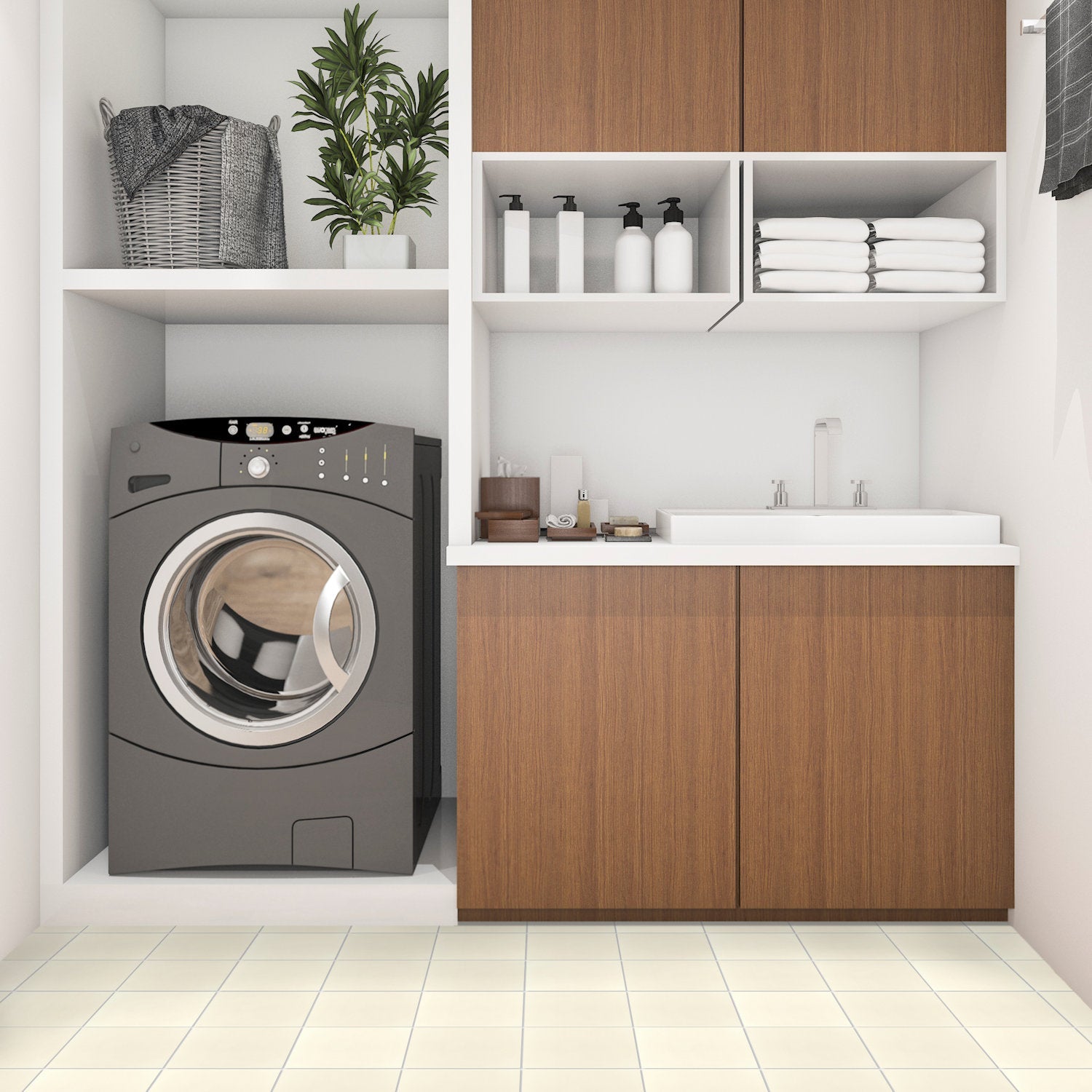 Modern laundry room featuring 1110-Solid by New York Cement Tile, with washer, sink, wood cabinets, shelves, and decor.