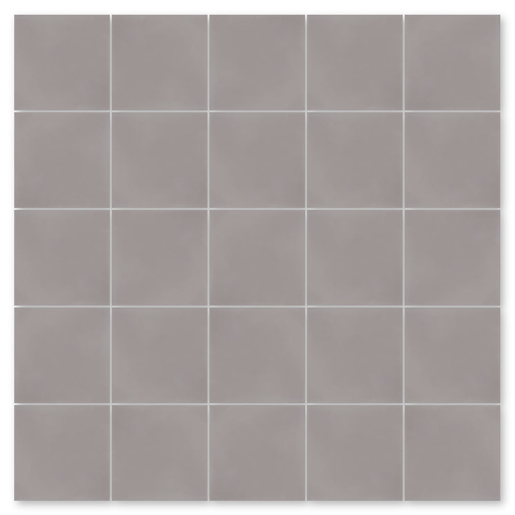 A grid of thirty-six 2201-Solid 8X8 light gray tiles by New York Cement Tile with thin white grout lines.