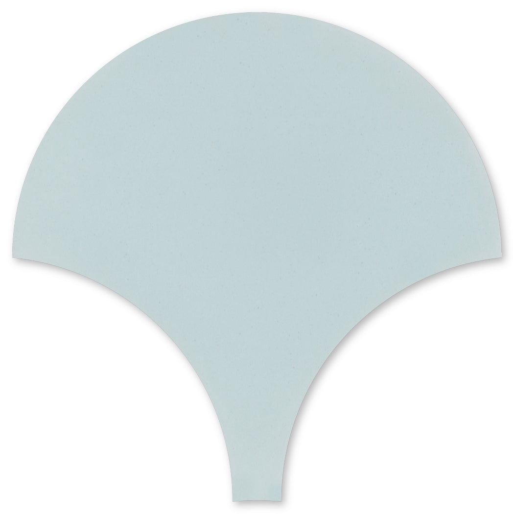The NF20-4400-Fishscale Sample by New York Cement Tile is a light blue, fan-shaped tile with a narrow stem and wide top.
