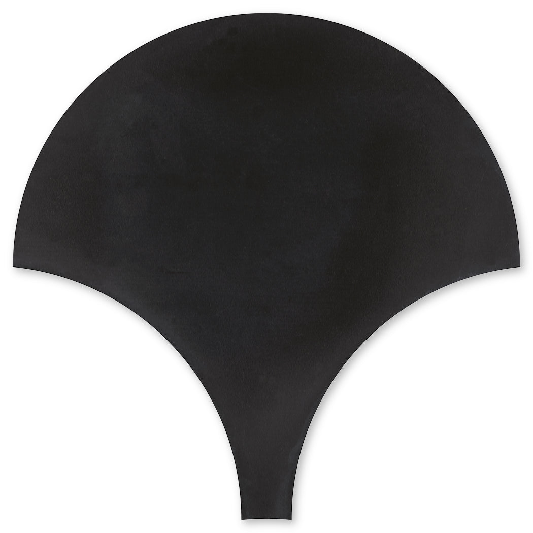 The NF20-2200 Black Fishscale Extra Sample by New York Cement Tile on a white background, fan-shaped with tapered bottom.