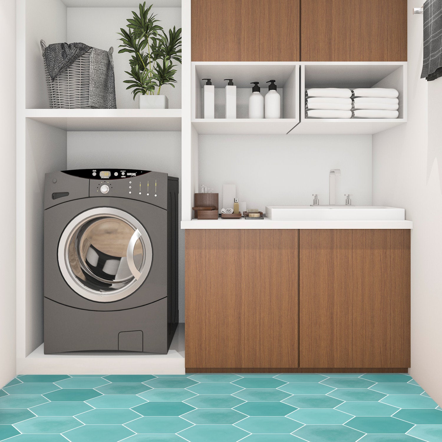 Modern laundry room with a washing machine, sink, wooden cabinets, shelves, and Solid Hex-Island tile by New York Cement Tile.