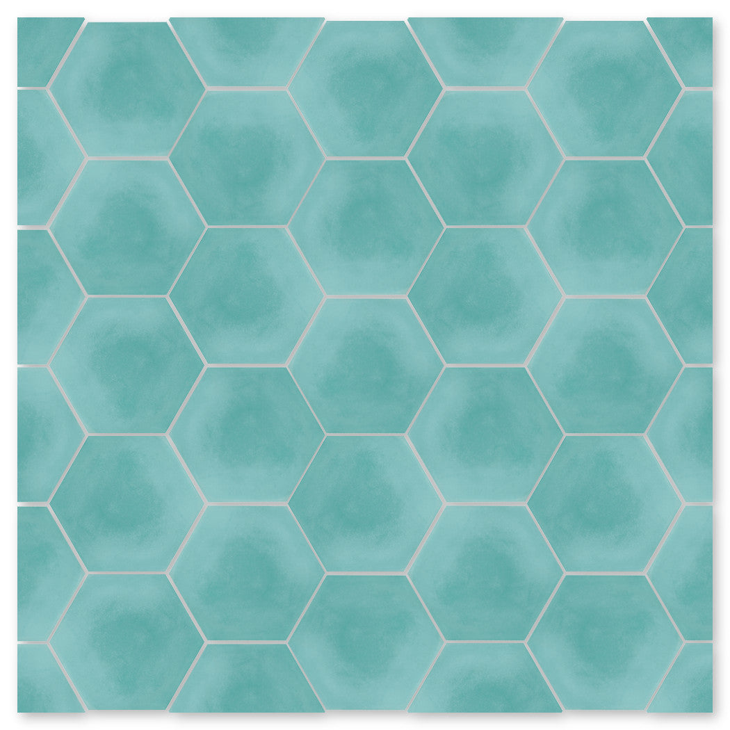 New York Cement Tile's NH23-4420 sample features teal hexagonal tiles in neat rows with subtle shading variations.