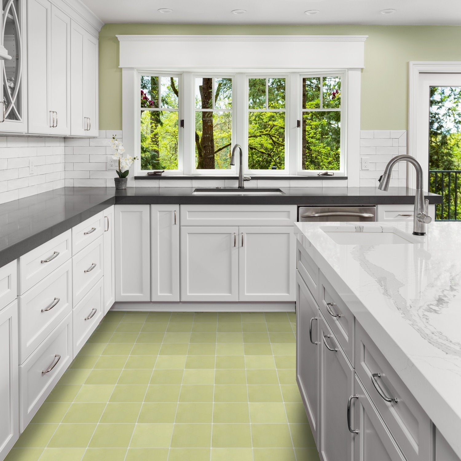 Modern kitchen with white cabinets, black counters, and New York Cement Tile 3325-Solid 8x8 for a stylish touch.