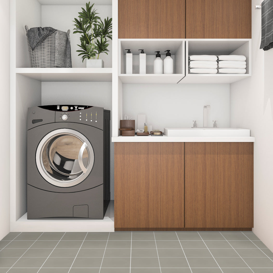 Modern laundry room featuring 2215-Solid 4x4 by New York Cement Tile for stylish, durable flooring.
